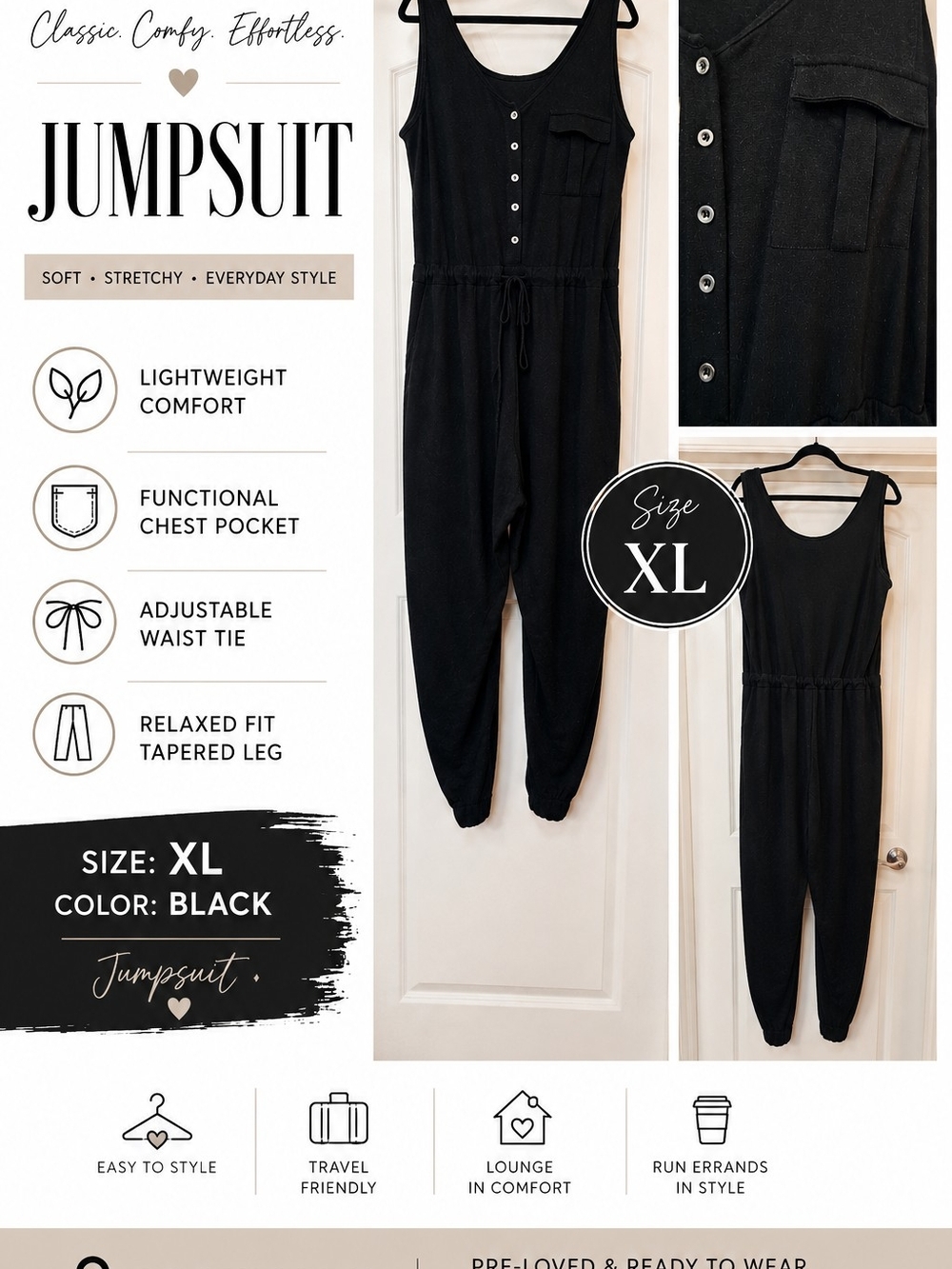 Black Sleeveless Jumpsuit with Adjustable Waist Tie - Size XL